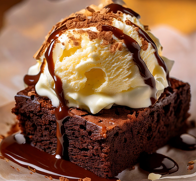 A brownie with vanilla ice cream and chocolate sauce